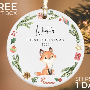 Baby&#39;s First Christmas Ornament, Personalized Baby&#39;s Christmas Keepsake, New Baby Gift, Baby Fox Ornament, 2024 Custom Baby Ornament