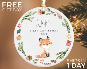Baby's First Christmas Ornament, Personalized Baby's Christmas Keepsake, New Baby Gift, Baby Fox Ornament, 2021 Custom Baby Ornament