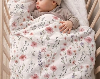 Manta de bebé personalizada con flores silvestres, manta con nombre personalizado, decoración para habitación de niña recién nacida, manta para recién nacida, manta para niña, manta floral