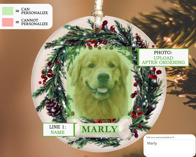 Personalized Pet Ornament, Custom Dog Christmas Ornament, Pet Memorial Ornament, Cat Christmas Photo Ornament, Pet Portrait Name Gift image 2