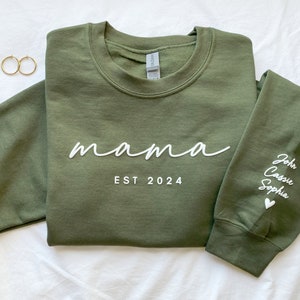 Personalized Mama Est Sweatshirt with Kid Names on Sleeve, Mothers Day Gift, Birthday Gift for Mom, New Mom Gift, Minimalist Mom Sweater