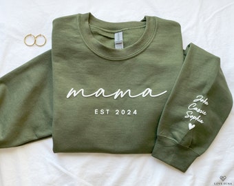 Sudadera personalizada Mama Est con nombres de niños en la manga, regalo del Día de las Madres, regalo de cumpleaños para mamá, regalo de nueva mamá, suéter minimalista de mamá