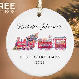 Baby&#39;s First Christmas Ornament, Personalized Baby&#39;s Christmas Keepsake, New Baby Gift, Kids Train Ornament, Custom Baby Ornament