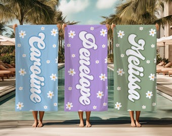 Personalized Daisy Beach Towel, Custom Name Retro Bath Towel, Bachlorette Gift, Kids Beach Towel