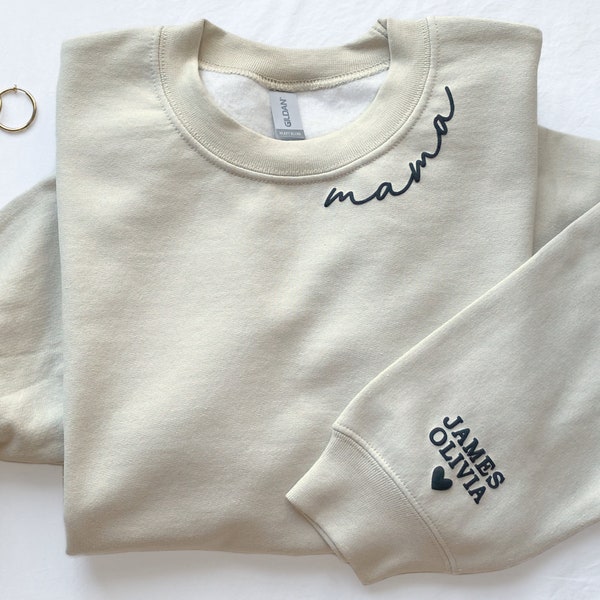 Personalized Mama Sweatshirt with Kid Names on Sleeve, Mothers Day Gift, Birthday Gift for Mom, New Mom Gift, Minimalist Neckline Sweater