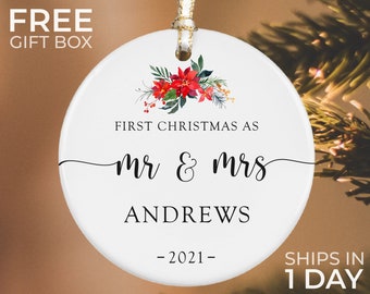 First Christmas Married Ornament, Mr and Mrs Ornament, Personalized Marriage Keepsake, Custom Married Couple Ornament, Just Married