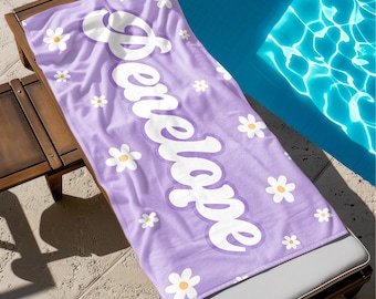 Personalized Kids Beach Towel, Groovy Custom Name Bath Towel, Bachlorette Gift, Daisy Beach Towel