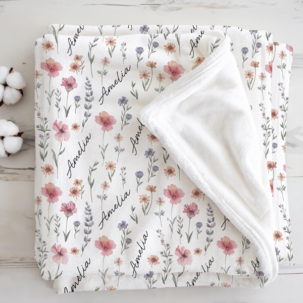 Coperta per neonati con fiori di campo personalizzata, coperta con nome personalizzato per neonati, decorazione per cameretta neonata, fascia per neonati, coperta per ospedale, regalo per neonati