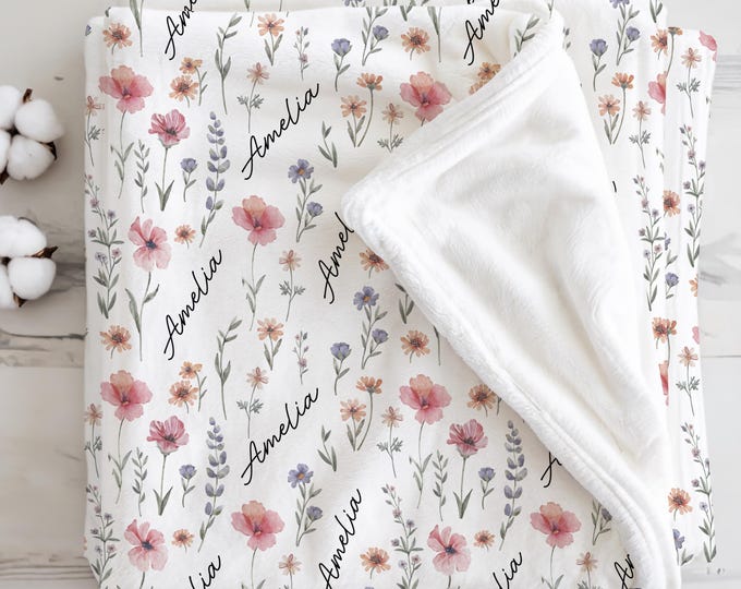 Personalized Wildflower Baby Blanket, Custom Baby Name Blanket, Newborn Girl Nursery Decor, Newborn Swaddle, Hospital Blanket, Gift for Baby