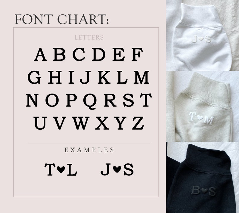 May include: Font chart with uppercase letters A through Z. Examples of the font are shown with the letters T, L, J, and S with a heart symbol between the letters.