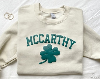 Personalized Name St Patrick's Day Sweatshirt, Custom Shamrock Last Name Sweater, Four Leaf Clover Sweatshirt, Irish Surname St Patty's Top