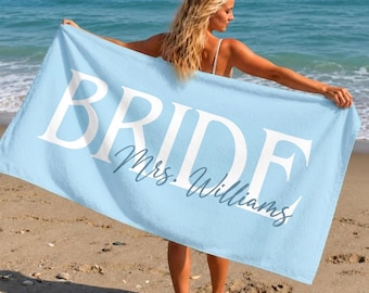 Personalized Bride Beach Towel, Custom Bridesmaid Towel, Bridal Shower Gift, Bachelorette Party Favors, Honeymoon Bride Groom Towel