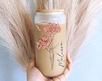 Personalized Birth Flower Tumbler, Gifts for Her, Bridesmaid Proposal Gift, Mother&#39;s Day Gift, Birthday Present, Custom Glass Coffee Cup