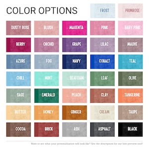 Może przedstawiać: Wzornik kolor&oacute;w przedstawiający trzydzieści pięć prostokątnych pr&oacute;bek z napisem COLOR OPTIONS u g&oacute;ry. Każda pr&oacute;bka zawiera unikalną nazwę koloru, w tym Dusty Rose, Berry, Azure, Chill, Sage, Butter, Cocoa, Frost, Primrose i Black.