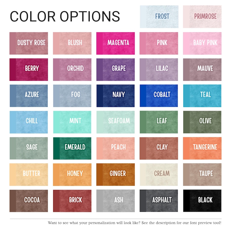 Może przedstawiać: Wzornik kolor&oacute;w przedstawiający trzydzieści pięć prostokątnych pr&oacute;bek z napisem COLOR OPTIONS u g&oacute;ry. Każda pr&oacute;bka zawiera unikalną nazwę koloru, w tym Dusty Rose, Berry, Azure, Chill, Sage, Butter, Cocoa, Frost, Primrose i Black.