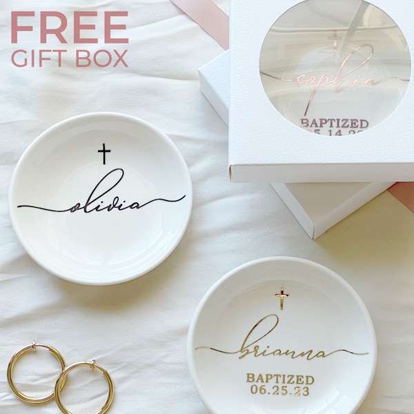 Personalized Baptism Gift, First Communion Gift for Her, Jewelry Dish with Cross, Baby Girl Christening Gift, Goddaughter Confirmation Gift