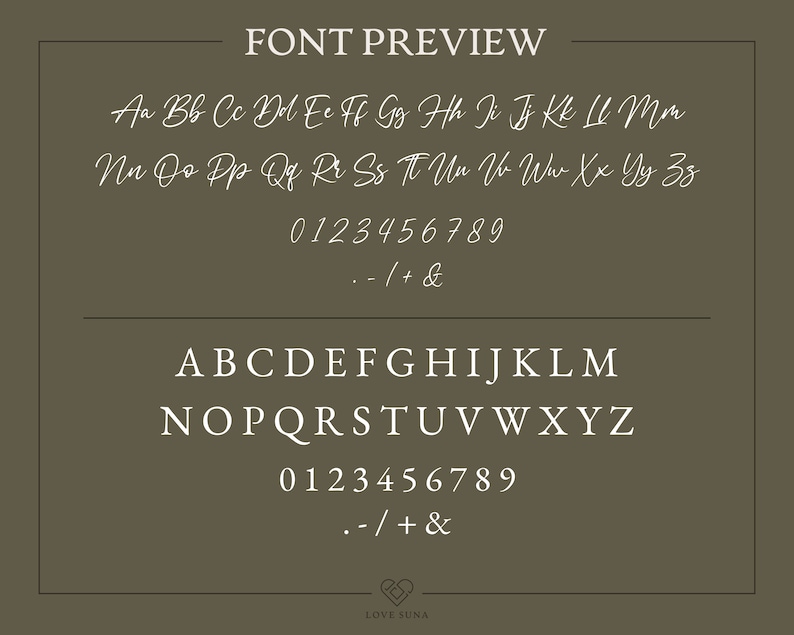 May include: Font preview image showing the alphabet in uppercase and lowercase letters, numbers 0-9, and punctuation marks. The font is a handwritten script style.