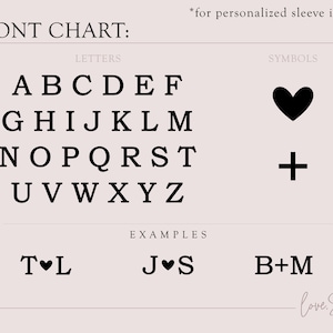 K&ouml;nnte beinhalten: Ein Schriftarten-Diagramm mit Gro&szlig;buchstaben von A bis Z und Symbolen, darunter ein Herz und ein Pluszeichen. Beispiele f&uuml;r die Verwendung der Schriftart sind unten dargestellt: T&hearts;L, J&hearts;S, B+M.