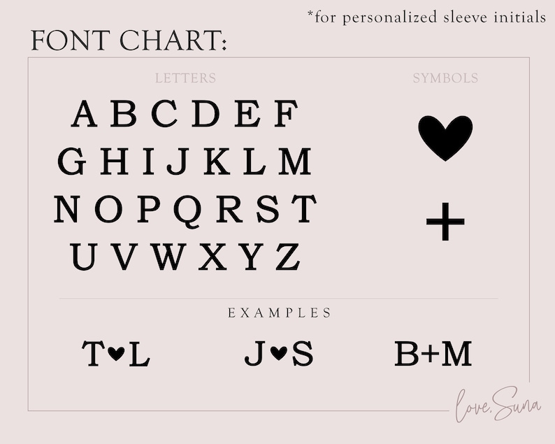 K&ouml;nnte beinhalten: Ein Schriftarten-Diagramm mit Gro&szlig;buchstaben von A bis Z und Symbolen, darunter ein Herz und ein Pluszeichen. Beispiele f&uuml;r die Verwendung der Schriftart sind unten dargestellt: T&hearts;L, J&hearts;S, B+M.