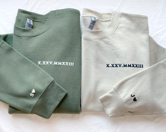 Custom Roman Numeral Sweatshirt, Anniversary Date with Initial on Sleeve, Valentines Day Gift, Anniversary Gift, Personalized Gift for Her