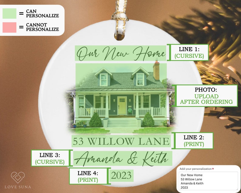 May include: White ceramic ornament with a photo of a house and the text "Our New Home" in cursive. The text "53 Willow Lane" is printed below the photo, followed by "Amanda & Keith" in cursive and "2023" in print.