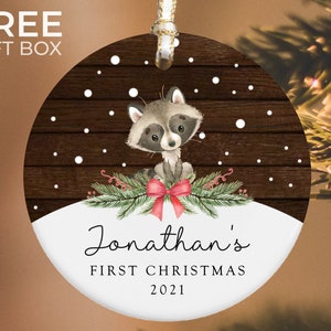 Baby&#39;s First Christmas Ornament, Personalized Baby&#39;s Christmas Keepsake, New Baby Gift, Baby Raccoon Ornament, Custom Baby Ornament