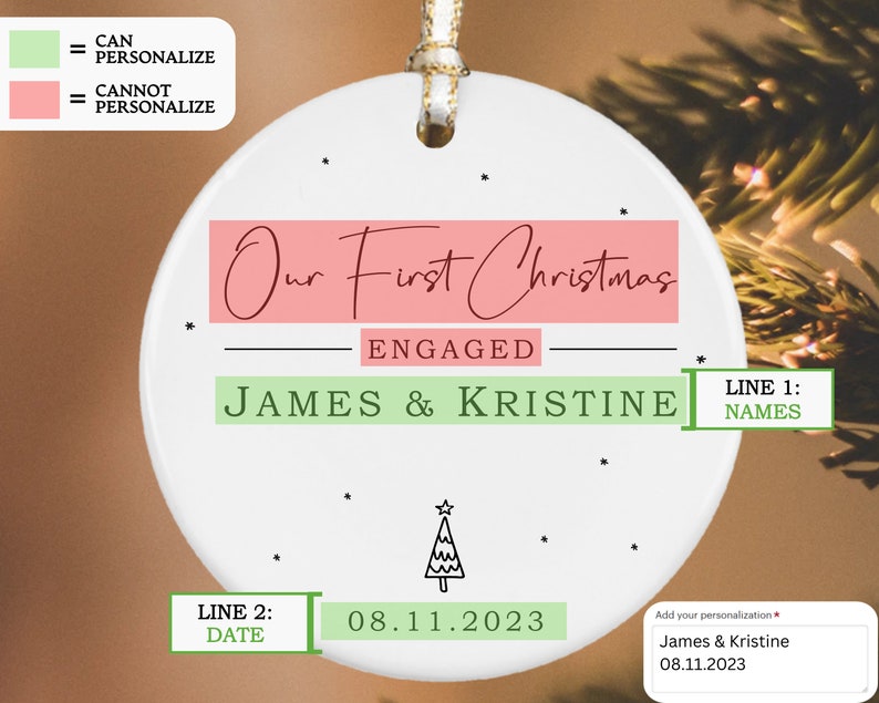 Engaged Christmas Ornament, Custom Engagement Keepsake, Engagement Gift, Personalized First Christmas Engaged, Engagement Announcement image 2