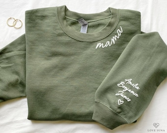 Sudadera de mamá personalizada con nombres de niños en la manga, regalo del Día de las Madres, regalo de cumpleaños para mamá, regalo de nueva mamá, suéter minimalista de mamá