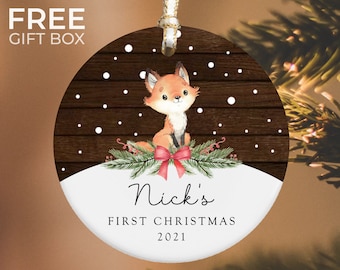 Baby's First Christmas Ornament, Personalized Baby's Christmas Keepsake, New Baby Gift, Baby Fox Ornament, 2021 Custom Baby Ornament