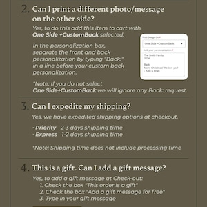 May include: FAQ about a personalized product, including options for mockup preview, adding a different photo or message to the back, expedited shipping, and adding a gift message. The image shows a screenshot of the product customization options and a check box for adding a gift message.