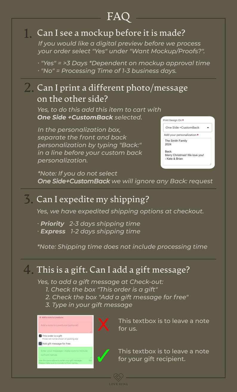 May include: FAQ about a personalized product, including options for mockup preview, adding a different photo or message to the back, expedited shipping, and adding a gift message. The image shows a screenshot of the product customization options and a check box for adding a gift message.