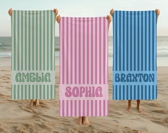 Personalized Striped Beach Towel, Custom Name Retro Bath Towel, Bachlorette Gift