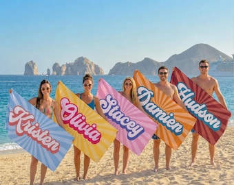 Custom Retro Beach Towel, Personalized Groovy Name Towel with Radial Stripes, Girls Trip Gift