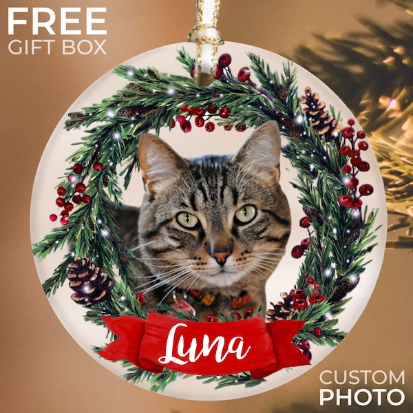 Personalized Pet Ornament, Custom Cat Christmas Ornament, Pet Memorial Ornament, Cat Christmas Photo Ornament, Pet Portrait Name Gift