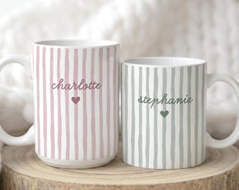 Personalized Striped Name Mug, Custom Bridesmaid Gifts, Gift for Her, Cute Coffee Cup with Heart