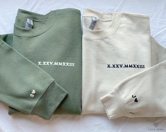 Personalized Roman Numeral Date Sweatshirt, Custom Sleeve Initial Couples Sweater, Valentines Day Gift, Anniversary Gift, Gift for Him