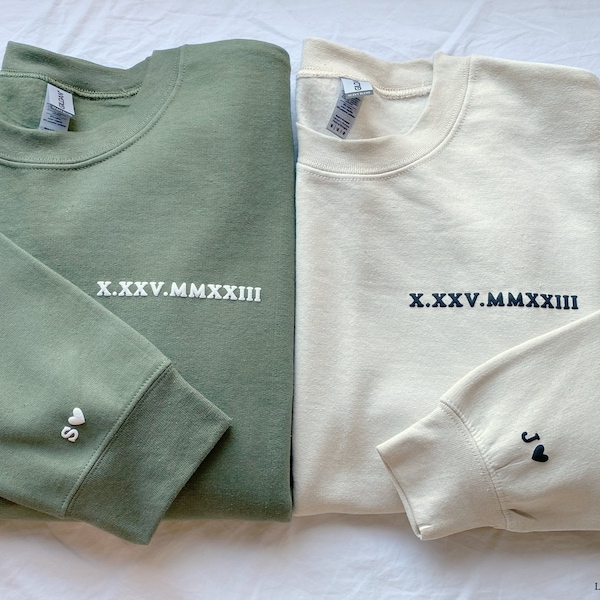 Personalized Roman Numeral Date Sweatshirt, Custom Sleeve Initial Couples Sweater, Valentines Day Gift, Anniversary Gift, Gift for Him