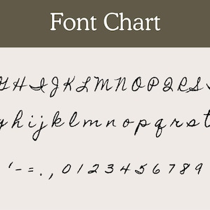 May include: A font chart displaying a black cursive script alphabet in uppercase and lowercase letters, along with numbers zero through nine and punctuation marks, set against a light beige background with a dark brown header labeled Font Chart.