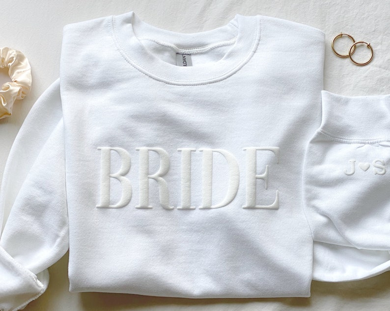 Personalized Gift For Bride, Bride Sweatshirt, Initial Heart Sleeve, Engagement Gift, Unique Bridal Shower Gift, Future Mrs Sweatshirt image 1