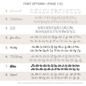Może przedstawiać: Tabela opcji czcionek z nagł&oacute;wkiem FONT OPTIONS (PAGE 1/2) przedstawiająca osiem r&oacute;żnych czarnych styl&oacute;w pisma ponumerowanych od 1 do 8. Każda pozycja zawiera nazwę czcionki oraz pełny alfabet wielkich i małych liter od A do Z.