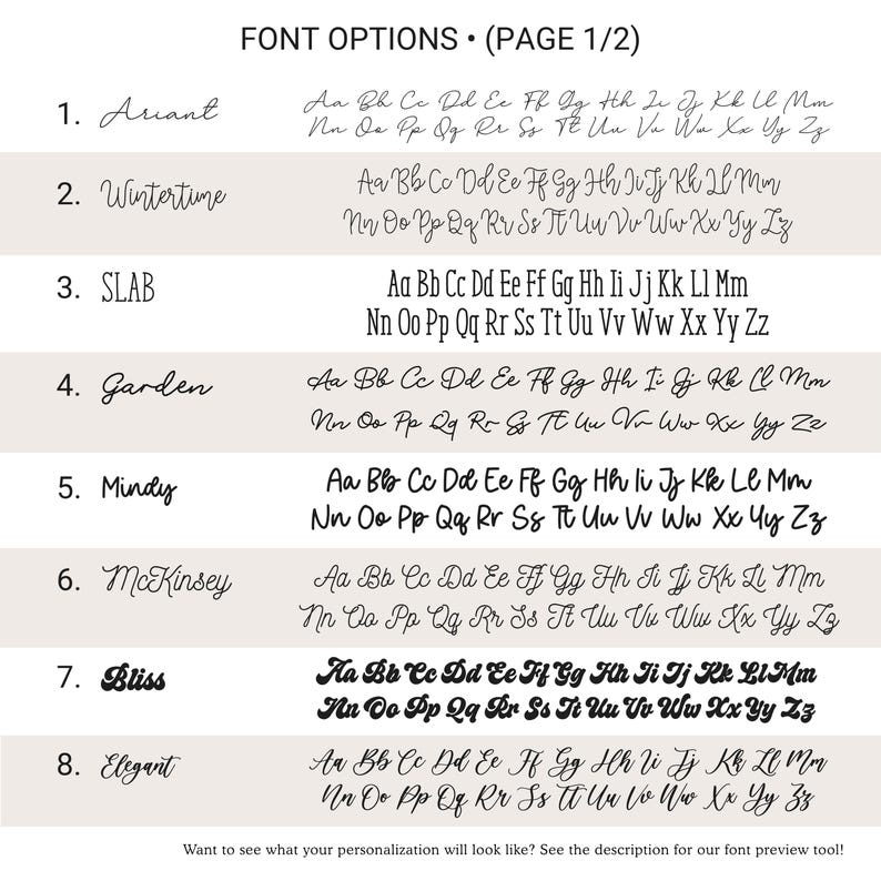 Może przedstawiać: Tabela opcji czcionek z nagł&oacute;wkiem FONT OPTIONS (PAGE 1/2) przedstawiająca osiem r&oacute;żnych czarnych styl&oacute;w pisma ponumerowanych od 1 do 8. Każda pozycja zawiera nazwę czcionki oraz pełny alfabet wielkich i małych liter od A do Z.