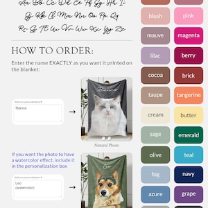 May include: Customizable pet photo blankets with a font chart and color options. The image shows a white cat on a gray blanket and a watercolor effect dog on a green blanket. Instructions on how to order are included.