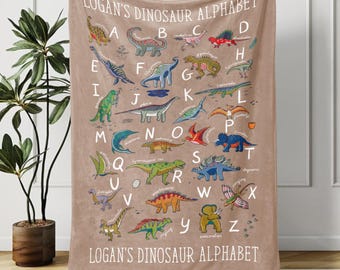 Personalisierte Dinosaurier Alphabet Decke, Benutzerdefinierte Kinderdecke, Babydecke, Geschenk für Kinder, Jungen Geburtstagsgeschenk