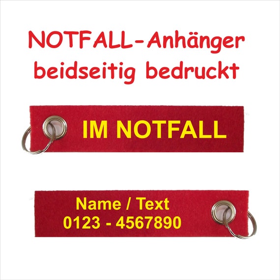 Filz Schlüsselanhänger "NOTFALL" & Name, Telefonnummer / individuell personalisiert / beidseitig bedruckt