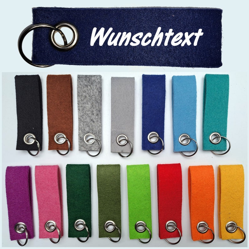 Filz Schlüsselanhänger individuell personalisiert mit Name / Wunschtext / beidseitig bedruckt - doppelt gelegt / 10 x 3 cm