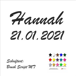 Może przedstawiać: Białe tło z czarnym tekstem, który brzmi "Hannah 21.01.2021" i "Schriftart: Brush Script MT". Pod tekstem znajduje się paleta kolorów z 16 różnymi kolorami.