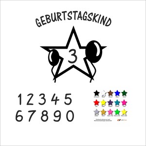 May include: Black and white graphic with the text "GEBURTSTAGSKIND" above a star with the number "3" inside. Balloons are on either side of the star. Below are numbers 1-0 and a color palette.