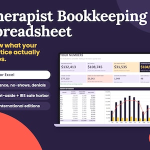Könnte beinhalten: Eine digitale Buchhaltungstabelle für Therapeuten, die auf einem Laptop-Bildschirm angezeigt wird. Die Benutzeroberfläche zeigt Finanzdaten wie Einnahmen, Nettogewinn, Steuerrückstellungen und Stundensätze sowie ein Balkendiagramm.