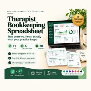 May include: A digital bookkeeping spreadsheet for therapists and counsellors displayed on a laptop screen. The interface shows financial dashboards, session logs, and expense trackers. Text includes Therapist Bookkeeping Spreadsheet, Premium All-in-One Edition, and Plan Track Grow.