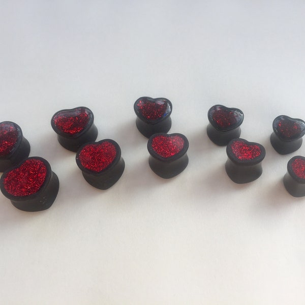 Pair Reversible Black & Red Glitter Heart Plugs 14mm- 20mm